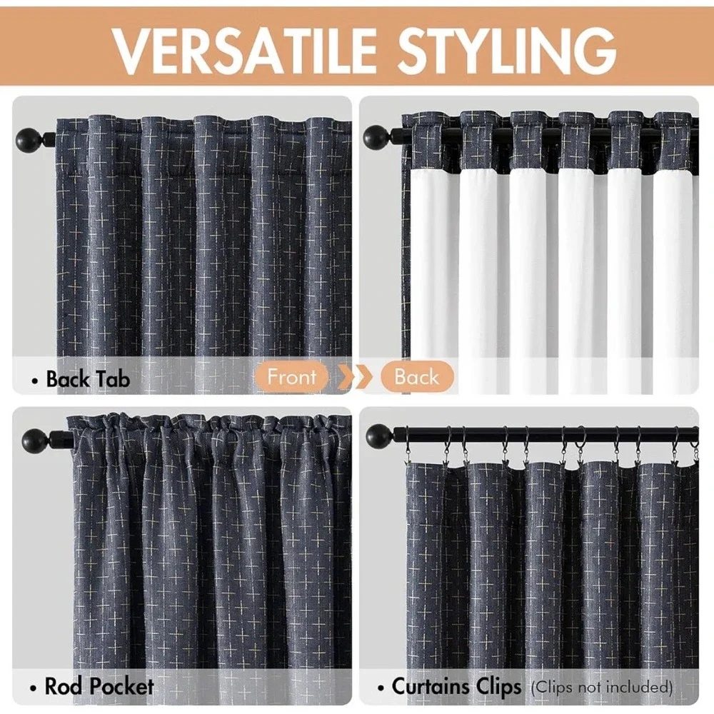 MIULEE 100% Blackout Linen Curtains Geometric Pattern Farmhouse Drapes Navy Blue